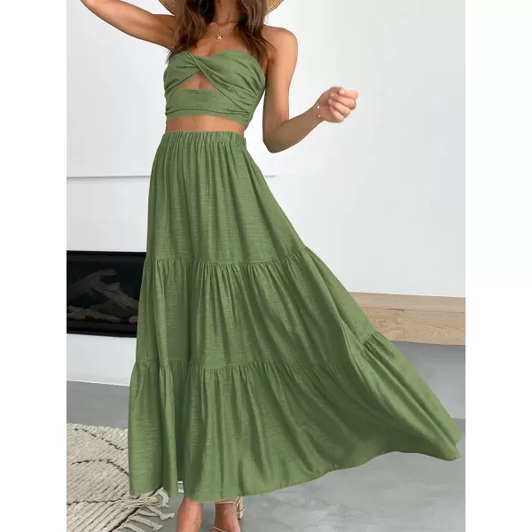 imageANRABESS Womens Summer Boho Elastic Waist Pleated ALine Flowy Swing Tiered Long Beach Skirt Dress with PocketsArmygreen