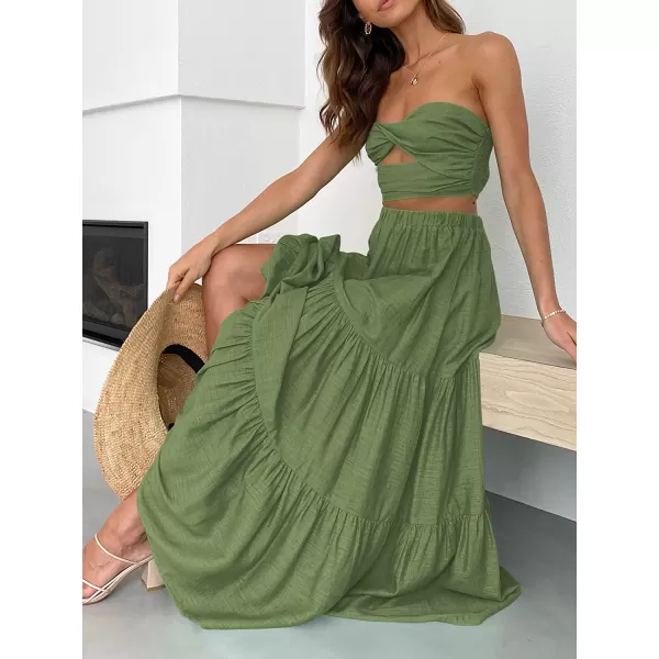 imageANRABESS Womens Summer Boho Elastic Waist Pleated ALine Flowy Swing Tiered Long Beach Skirt Dress with PocketsArmygreen