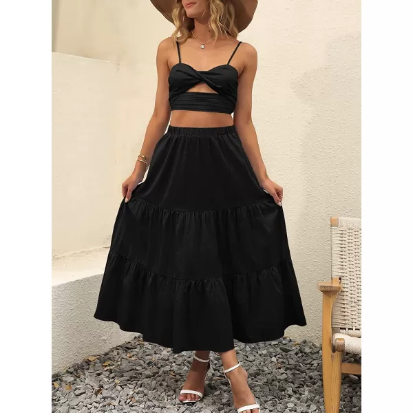 imageANRABESS Womens Summer Boho Elastic Waist Pleated ALine Flowy Swing Tiered Long Beach Skirt Dress with PocketsBlack