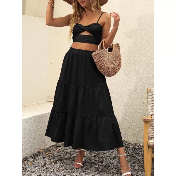imageANRABESS Womens Summer Boho Elastic Waist Pleated ALine Flowy Swing Tiered Long Beach Skirt Dress with PocketsBlack