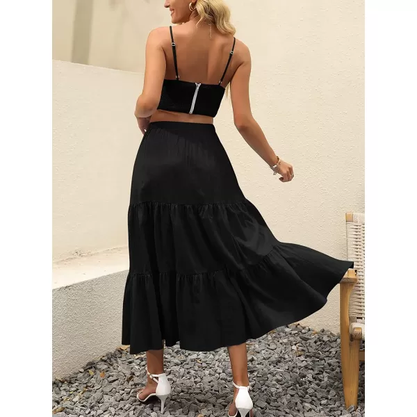 imageANRABESS Womens Summer Boho Elastic Waist Pleated ALine Flowy Swing Tiered Long Beach Skirt Dress with PocketsBlack