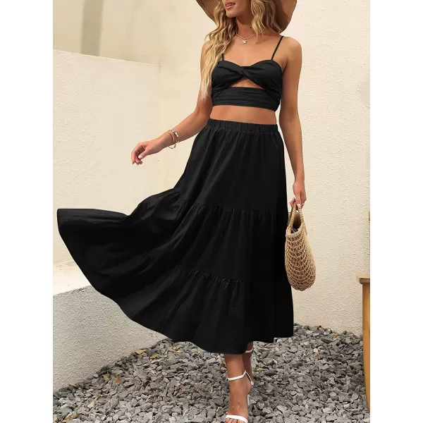 imageANRABESS Womens Summer Boho Elastic Waist Pleated ALine Flowy Swing Tiered Long Beach Skirt Dress with PocketsBlack