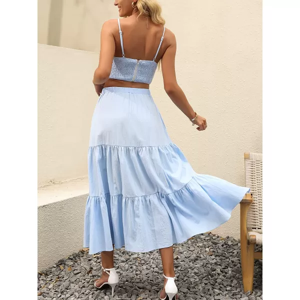 imageANRABESS Womens Summer Boho Elastic Waist Pleated ALine Flowy Swing Tiered Long Beach Skirt Dress with PocketsBlue