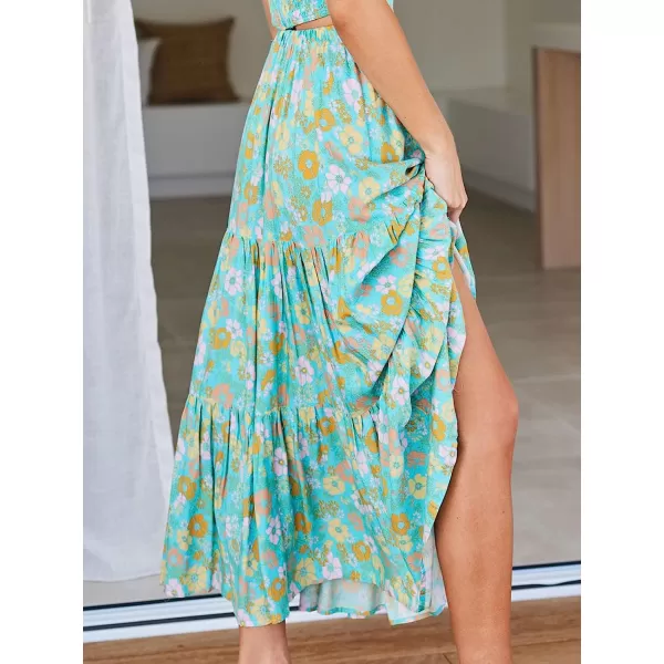 imageANRABESS Womens Summer Boho Elastic Waist Pleated ALine Flowy Swing Tiered Long Beach Skirt Dress with PocketsFloral 02