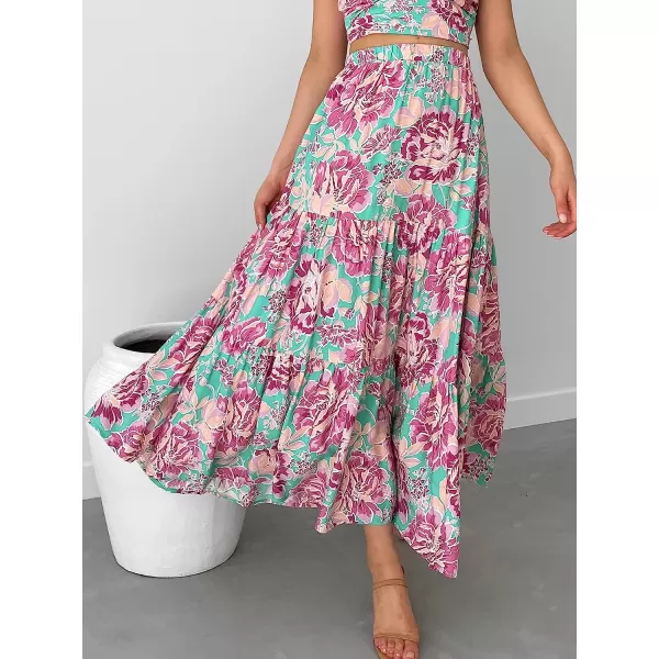 imageANRABESS Womens Summer Boho Elastic Waist Pleated ALine Flowy Swing Tiered Long Beach Skirt Dress with PocketsFloral 03