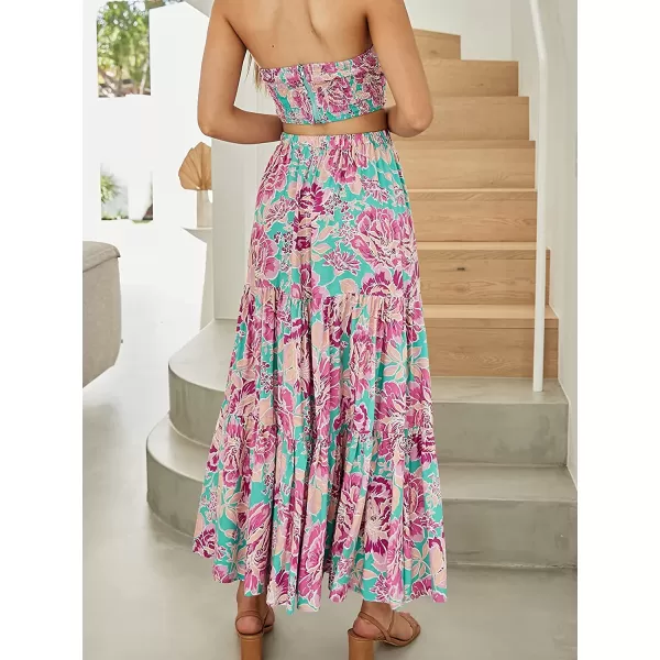 imageANRABESS Womens Summer Boho Elastic Waist Pleated ALine Flowy Swing Tiered Long Beach Skirt Dress with PocketsFloral 03
