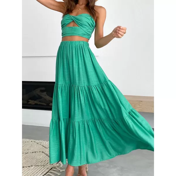 imageANRABESS Womens Summer Boho Elastic Waist Pleated ALine Flowy Swing Tiered Long Beach Skirt Dress with PocketsForest