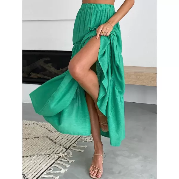 imageANRABESS Womens Summer Boho Elastic Waist Pleated ALine Flowy Swing Tiered Long Beach Skirt Dress with PocketsForest