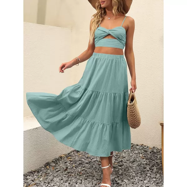 imageANRABESS Womens Summer Boho Elastic Waist Pleated ALine Flowy Swing Tiered Long Beach Skirt Dress with PocketsLake