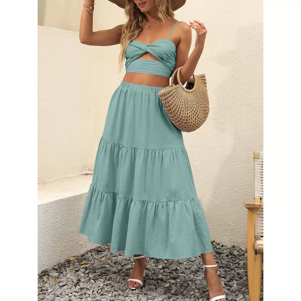 imageANRABESS Womens Summer Boho Elastic Waist Pleated ALine Flowy Swing Tiered Long Beach Skirt Dress with PocketsLake