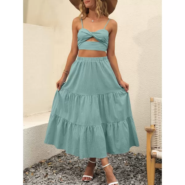 imageANRABESS Womens Summer Boho Elastic Waist Pleated ALine Flowy Swing Tiered Long Beach Skirt Dress with PocketsLake