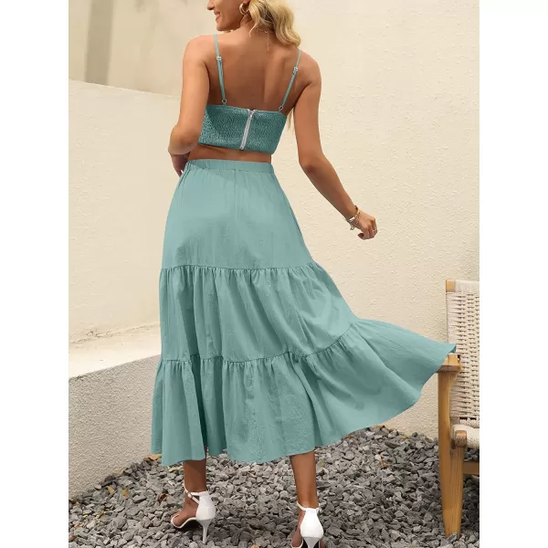 imageANRABESS Womens Summer Boho Elastic Waist Pleated ALine Flowy Swing Tiered Long Beach Skirt Dress with PocketsLake