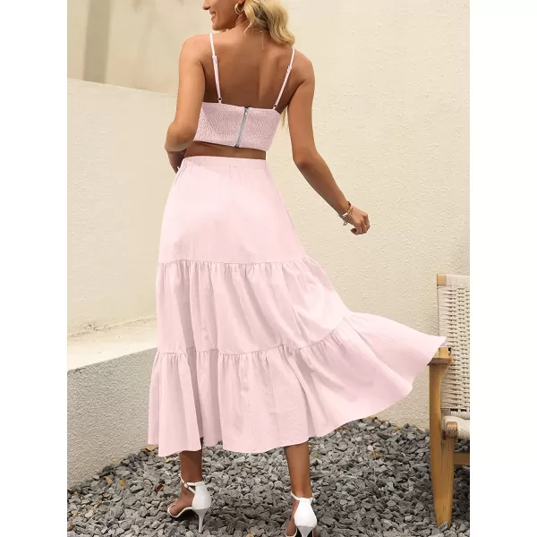 imageANRABESS Womens Summer Boho Elastic Waist Pleated ALine Flowy Swing Tiered Long Beach Skirt Dress with PocketsLight Pink