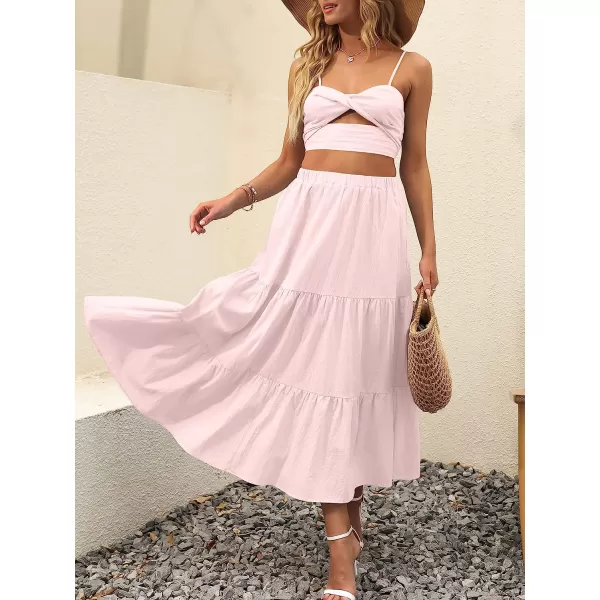 imageANRABESS Womens Summer Boho Elastic Waist Pleated ALine Flowy Swing Tiered Long Beach Skirt Dress with PocketsLight Pink