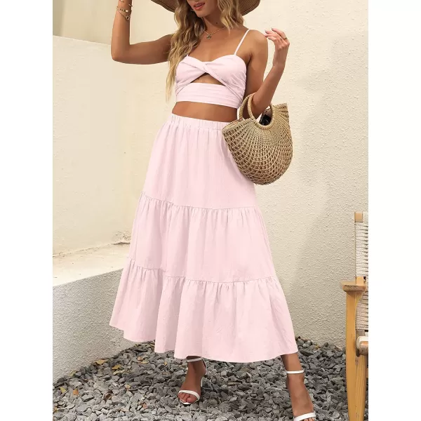 imageANRABESS Womens Summer Boho Elastic Waist Pleated ALine Flowy Swing Tiered Long Beach Skirt Dress with PocketsLight Pink