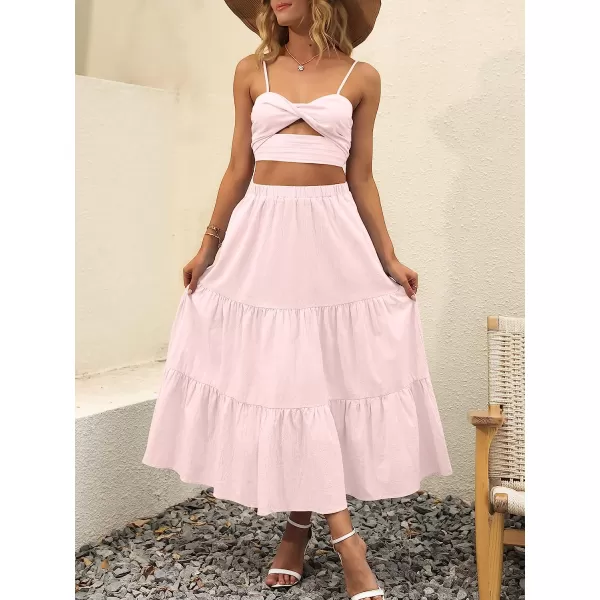 imageANRABESS Womens Summer Boho Elastic Waist Pleated ALine Flowy Swing Tiered Long Beach Skirt Dress with PocketsLight Pink