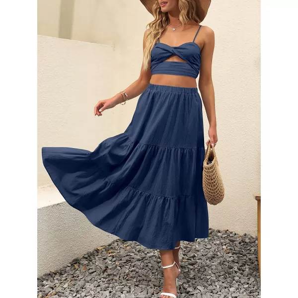 imageANRABESS Womens Summer Boho Elastic Waist Pleated ALine Flowy Swing Tiered Long Beach Skirt Dress with PocketsNavy Blue