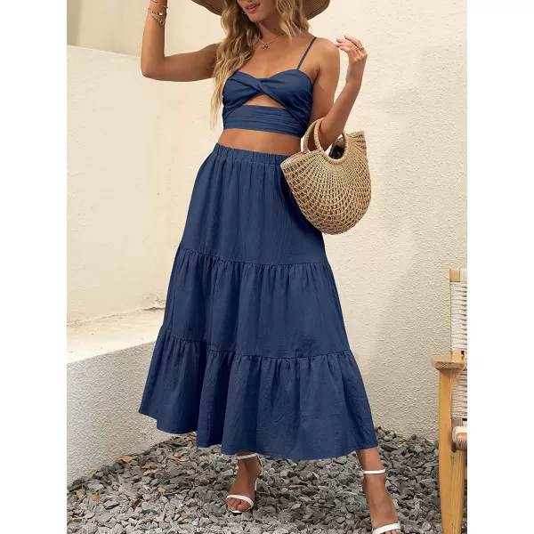 imageANRABESS Womens Summer Boho Elastic Waist Pleated ALine Flowy Swing Tiered Long Beach Skirt Dress with PocketsNavy Blue