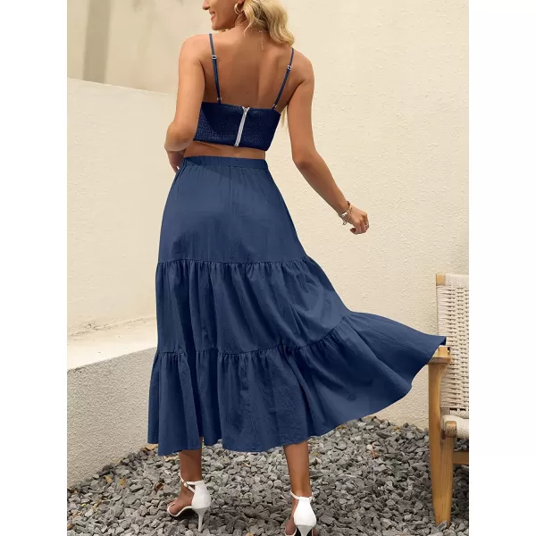 imageANRABESS Womens Summer Boho Elastic Waist Pleated ALine Flowy Swing Tiered Long Beach Skirt Dress with PocketsNavy Blue