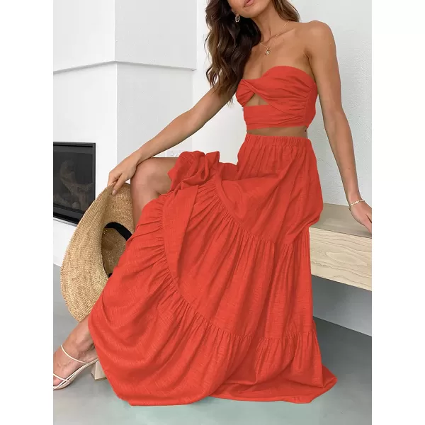 imageANRABESS Womens Summer Boho Elastic Waist Pleated ALine Flowy Swing Tiered Long Beach Skirt Dress with PocketsOrange