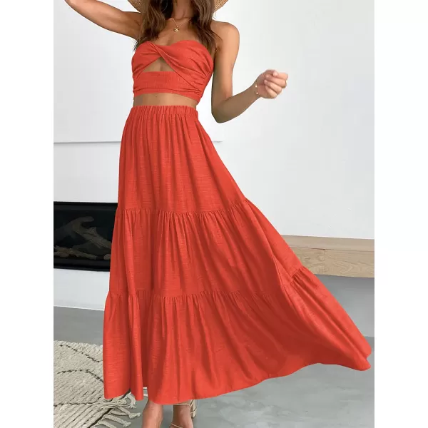 imageANRABESS Womens Summer Boho Elastic Waist Pleated ALine Flowy Swing Tiered Long Beach Skirt Dress with PocketsOrange