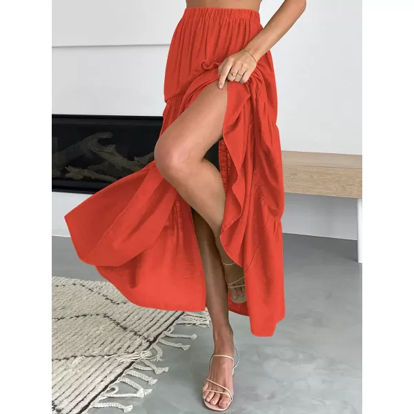 imageANRABESS Womens Summer Boho Elastic Waist Pleated ALine Flowy Swing Tiered Long Beach Skirt Dress with PocketsOrange