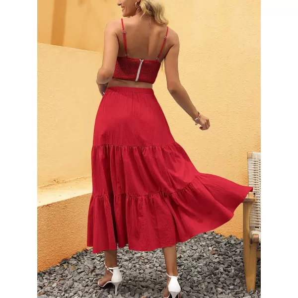 imageANRABESS Womens Summer Boho Elastic Waist Pleated ALine Flowy Swing Tiered Long Beach Skirt Dress with PocketsRed