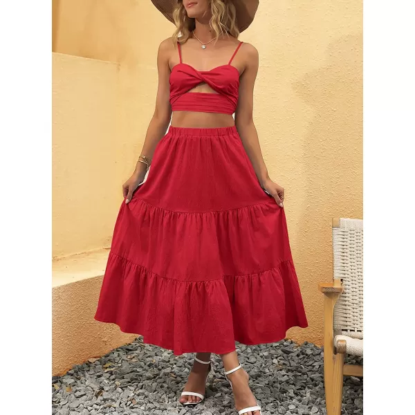 imageANRABESS Womens Summer Boho Elastic Waist Pleated ALine Flowy Swing Tiered Long Beach Skirt Dress with PocketsRed