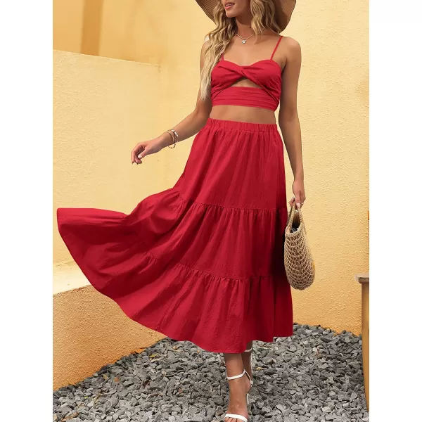 imageANRABESS Womens Summer Boho Elastic Waist Pleated ALine Flowy Swing Tiered Long Beach Skirt Dress with PocketsRed