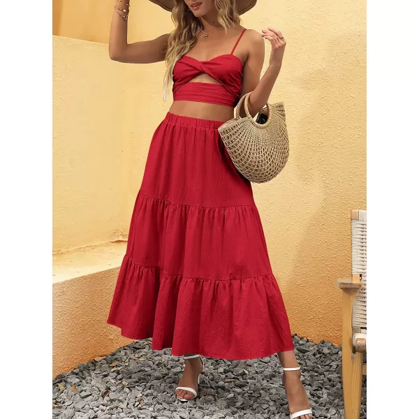 imageANRABESS Womens Summer Boho Elastic Waist Pleated ALine Flowy Swing Tiered Long Beach Skirt Dress with PocketsRed