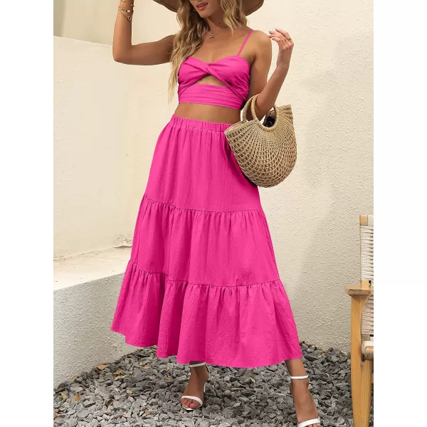 imageANRABESS Womens Summer Boho Elastic Waist Pleated ALine Flowy Swing Tiered Long Beach Skirt Dress with PocketsRose