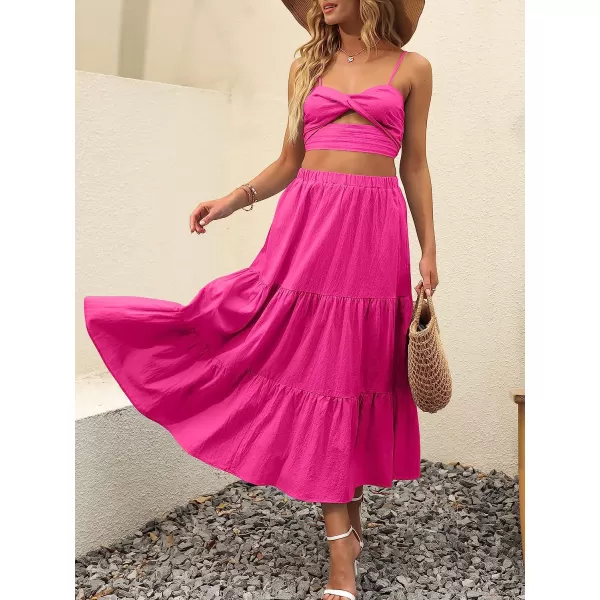 imageANRABESS Womens Summer Boho Elastic Waist Pleated ALine Flowy Swing Tiered Long Beach Skirt Dress with PocketsRose