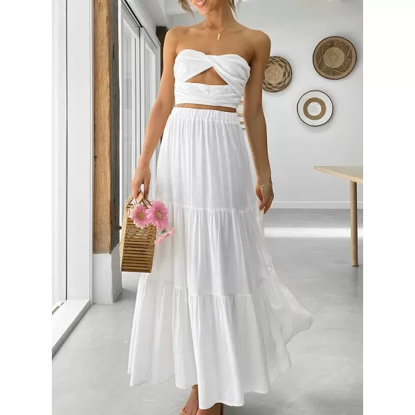 imageANRABESS Womens Summer Boho Elastic Waist Pleated ALine Flowy Swing Tiered Long Beach Skirt Dress with PocketsWhite