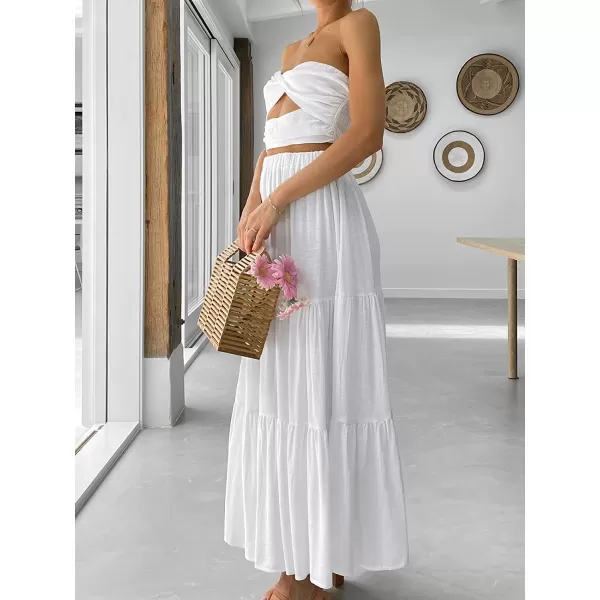 imageANRABESS Womens Summer Boho Elastic Waist Pleated ALine Flowy Swing Tiered Long Beach Skirt Dress with PocketsWhite