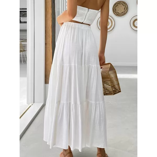 imageANRABESS Womens Summer Boho Elastic Waist Pleated ALine Flowy Swing Tiered Long Beach Skirt Dress with PocketsWhite