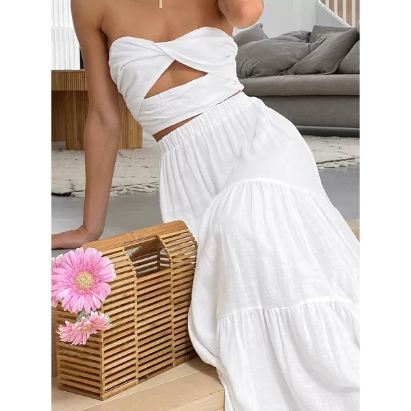 imageANRABESS Womens Summer Boho Elastic Waist Pleated ALine Flowy Swing Tiered Long Beach Skirt Dress with PocketsWhite
