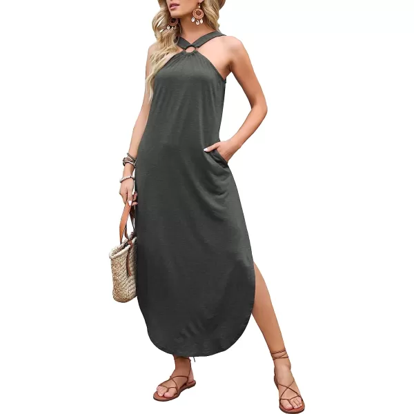 imageANRABESS Womens Summer Casual Criss Cross Sundress Sleeveless Split Maxi Long Beach Dress with PocketsGrey Black
