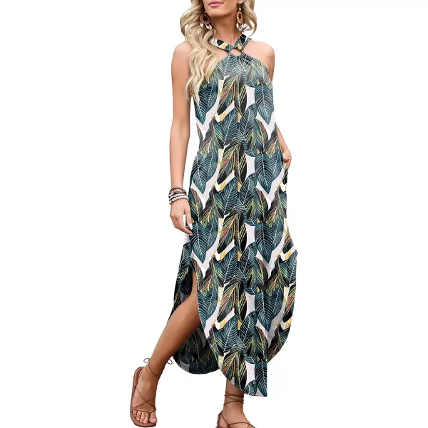 imageANRABESS Womens Summer Casual Criss Cross Sundress Sleeveless Split Maxi Long Beach Dress with PocketsLeaf