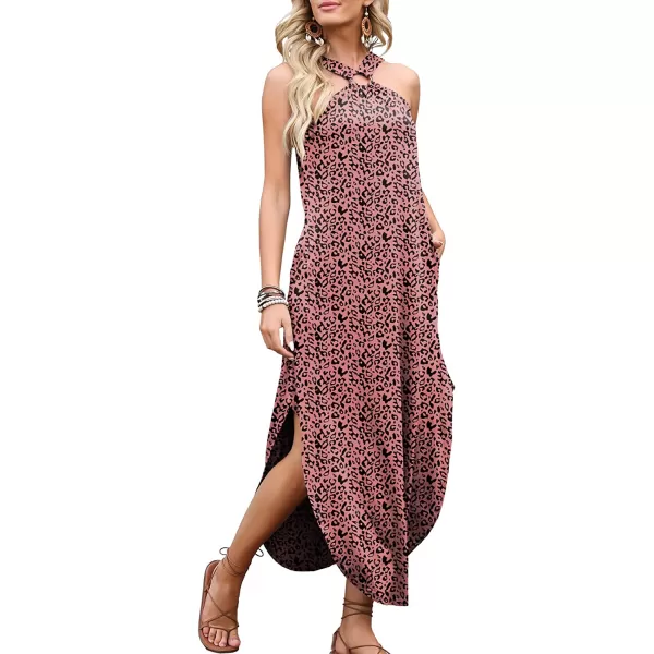 imageANRABESS Womens Summer Casual Criss Cross Sundress Sleeveless Split Maxi Long Beach Dress with PocketsLeopard