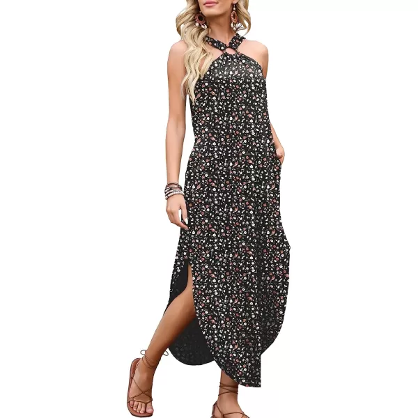 imageANRABESS Womens Summer Casual Criss Cross Sundress Sleeveless Split Maxi Long Beach Dress with PocketsPrint Black