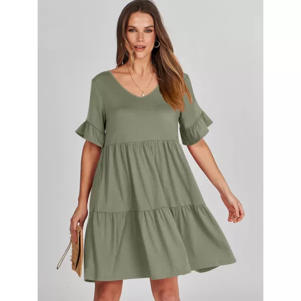 imageANRABESS Womens Summer Casual Cute VNeck Mini Dress with Pocket Ruffle Short Sleeve 2024 Trendy Beach DressesArmy Green