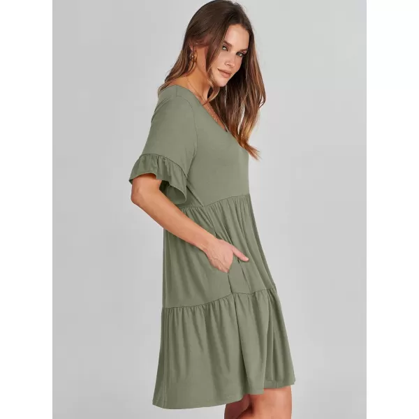imageANRABESS Womens Summer Casual Cute VNeck Mini Dress with Pocket Ruffle Short Sleeve 2024 Trendy Beach DressesArmy Green