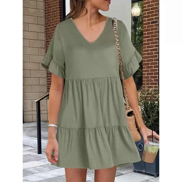 imageANRABESS Womens Summer Casual Cute VNeck Mini Dress with Pocket Ruffle Short Sleeve 2024 Trendy Beach DressesArmy Green