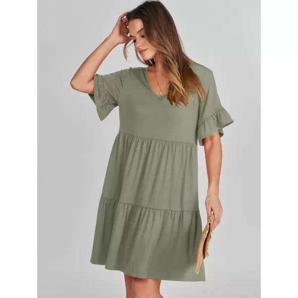 imageANRABESS Womens Summer Casual Cute VNeck Mini Dress with Pocket Ruffle Short Sleeve 2024 Trendy Beach DressesArmy Green