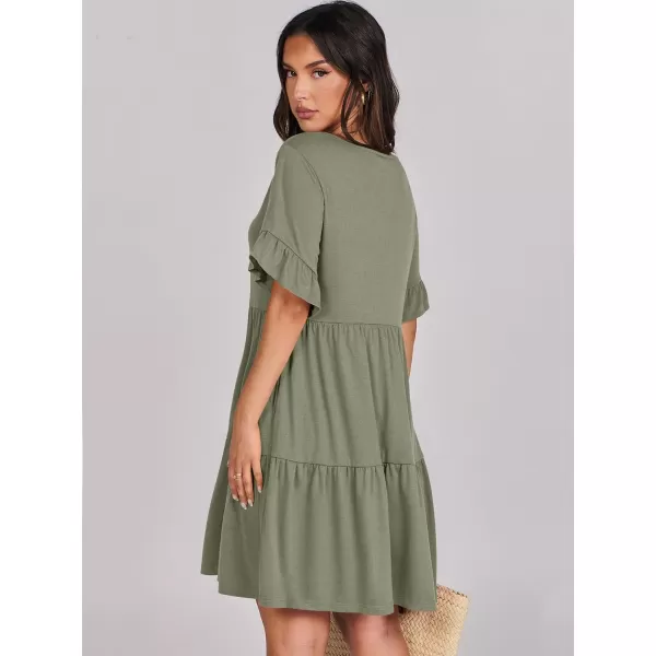 imageANRABESS Womens Summer Casual Cute VNeck Mini Dress with Pocket Ruffle Short Sleeve 2024 Trendy Beach DressesArmy Green