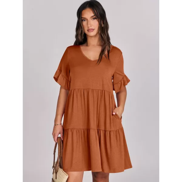 imageANRABESS Womens Summer Casual Cute VNeck Mini Dress with Pocket Ruffle Short Sleeve 2024 Trendy Beach DressesBrick Red