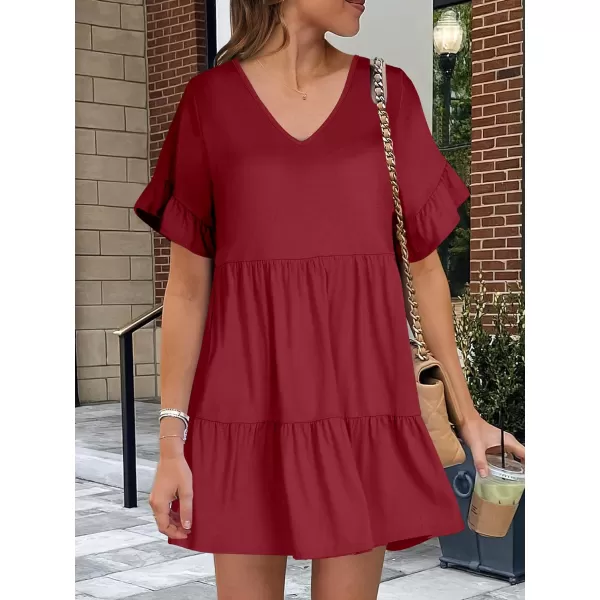 imageANRABESS Womens Summer Casual Cute VNeck Mini Dress with Pocket Ruffle Short Sleeve 2024 Trendy Beach DressesBurgundy