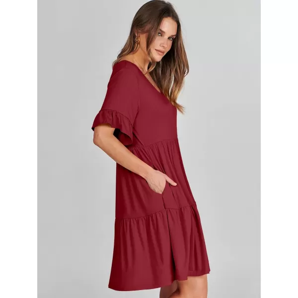 imageANRABESS Womens Summer Casual Cute VNeck Mini Dress with Pocket Ruffle Short Sleeve 2024 Trendy Beach DressesBurgundy