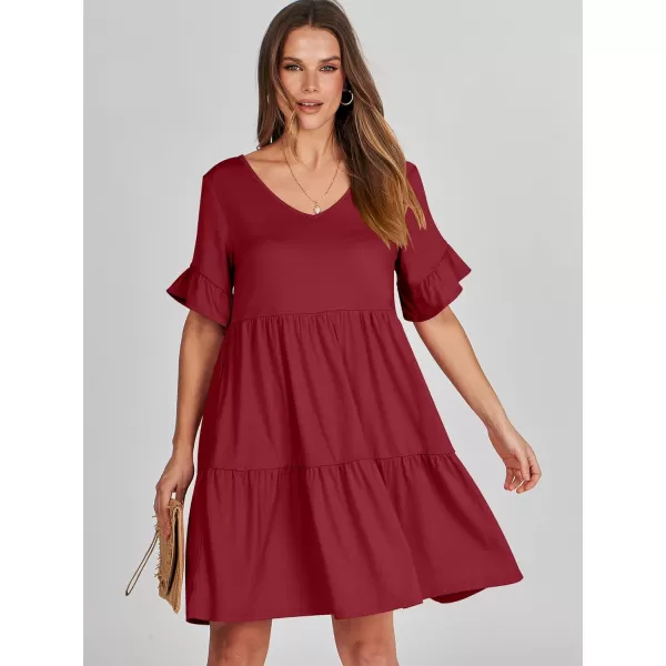 imageANRABESS Womens Summer Casual Cute VNeck Mini Dress with Pocket Ruffle Short Sleeve 2024 Trendy Beach DressesBurgundy