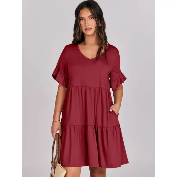imageANRABESS Womens Summer Casual Cute VNeck Mini Dress with Pocket Ruffle Short Sleeve 2024 Trendy Beach DressesBurgundy